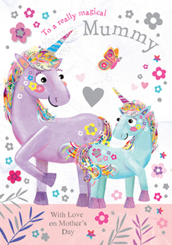 This Mothers Day greetings card from Paper Rose has a Mummy unicorn and her baby with To a really magical MUMMY and With Love on Mothers Day written on the front. The card is perfect to send to someone to celebrate Mothering Sunday.  It has Love you lots and lots! written on the inside and comes complete with a pink envelope.